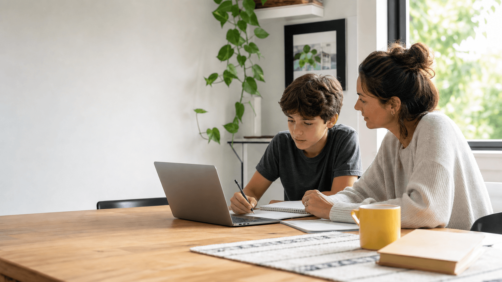 Un parent et son enfant apprennent ensemble à la maison